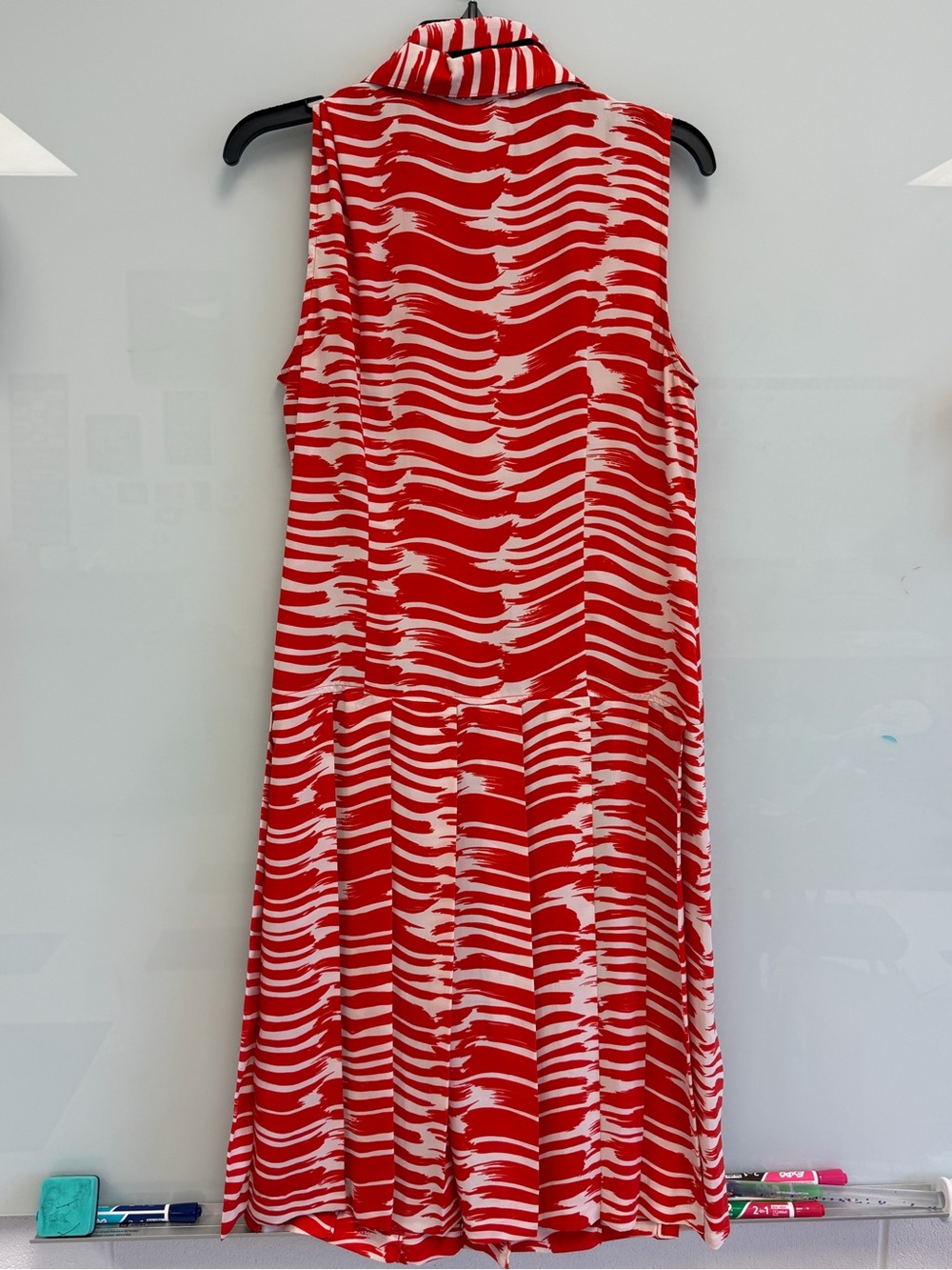 CAbi Red and White Wave-Print Midi Dress